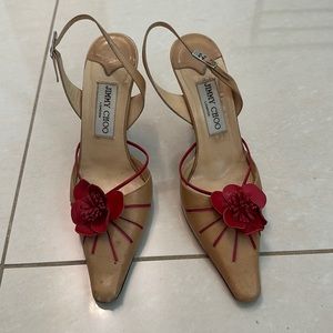 Jimmy Choo tan and red pointy sling backs